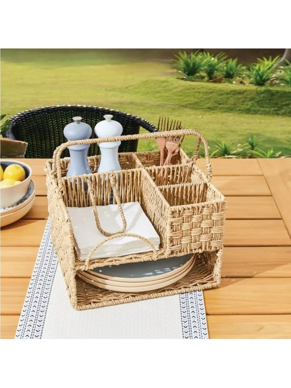 NWT Better Homes & Gardens Resin Rattan All-in-One Serving Caddy, Beige Walmart